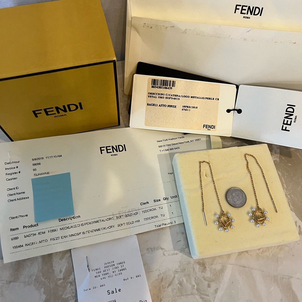 Authentic high style “F is Fendi” logo drop chain  Gold&pearl Earrings NWT Rare